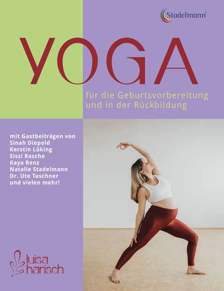 Titelbild des Buchs Yoga fuer die Geburtsvorbereitung, darauf eine schwangere Frau in Yogastellung der Mond in unterschiedlichen Mondphasen